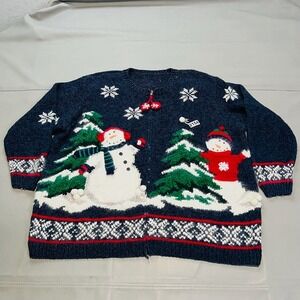 Ugly Christmas Xmas Office Party‎ Sweater Women Blue Snowman Tree ZIP-1X-4194